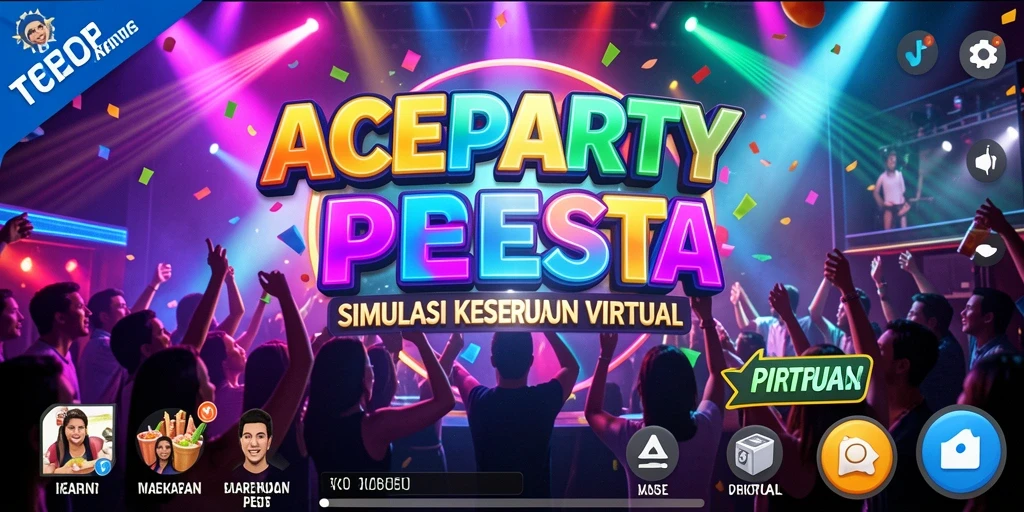 Screenshot utama ACEPARTY menunjukkan suasana pesta virtual yang meriah.