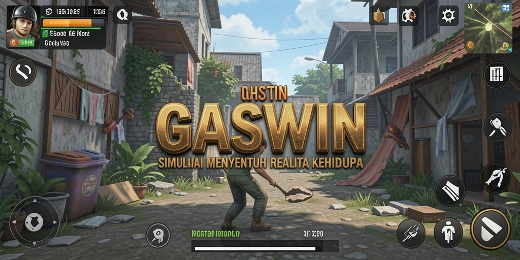 Tangkapan layar utama GASWIN menunjukkan karakter saat beraktivitas dalam simulasi kehidupan.