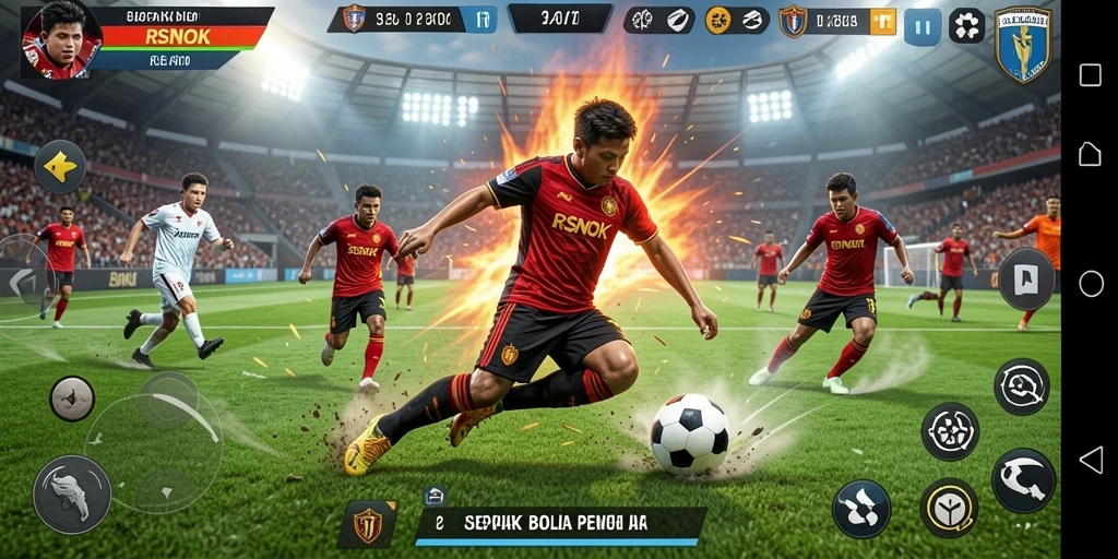 Screenshot gameplay RSNOK yang menampilkan aksi sepak bola mendebarkan.